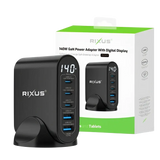 Rixus RX140 GaN Power Adapter met Digitaal Display – 140W Zwart - Oplader