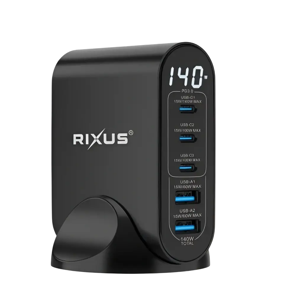 Rixus RX140 GaN Power Adapter met Digitaal Display – 140W Zwart - Oplader