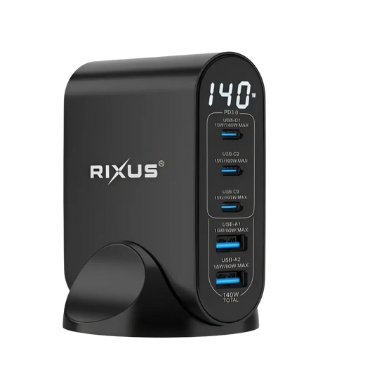 Rixus RX140 GaN Netzteil mit Digitalanzeige – 140W – Schwarz