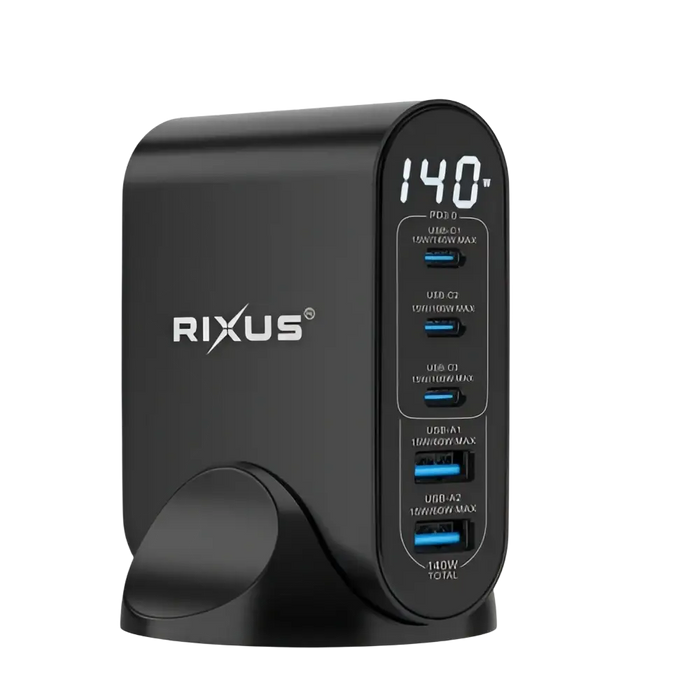 Rixus RX140 GaN Power Adapter met Digitaal Display – 140W – Zwart