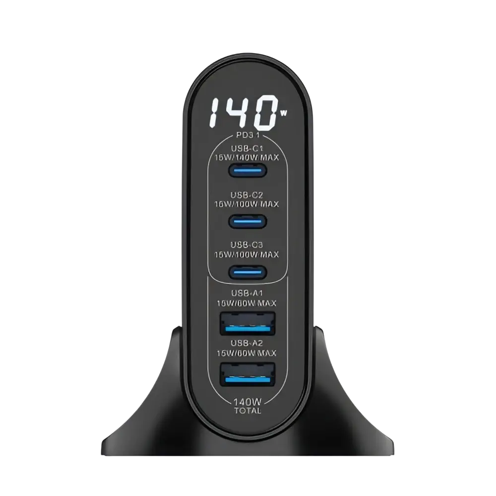 Rixus RX140 GaN Power Adapter met Digitaal Display – 140W Zwart - Oplader