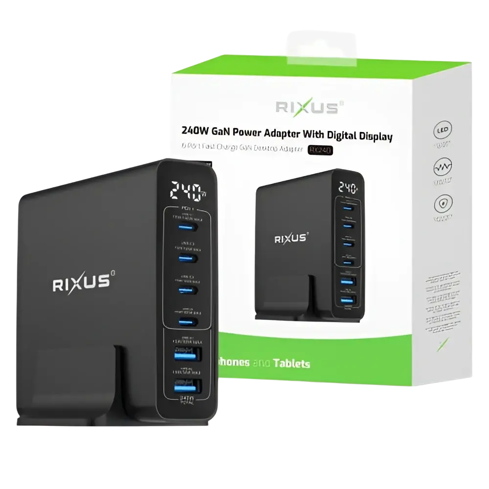 Rixus RX240 GaN Power Adapter met Digitaal Display – 240W Zwart - Oplader
