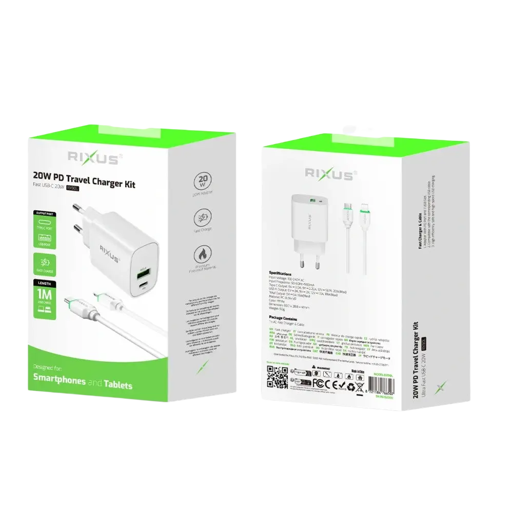 Rixus RX90L Adapter met USB-C naar Lightning Kabel 1m – 20W Wit - Bundel Oplader