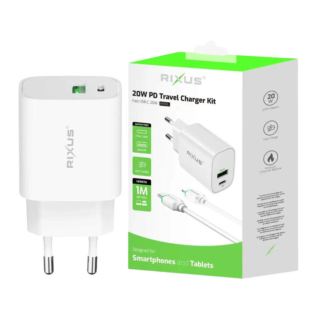 Rixus RX90L Adapter met USB-C naar Lightning Kabel 1m – 20W Wit - Bundel Oplader