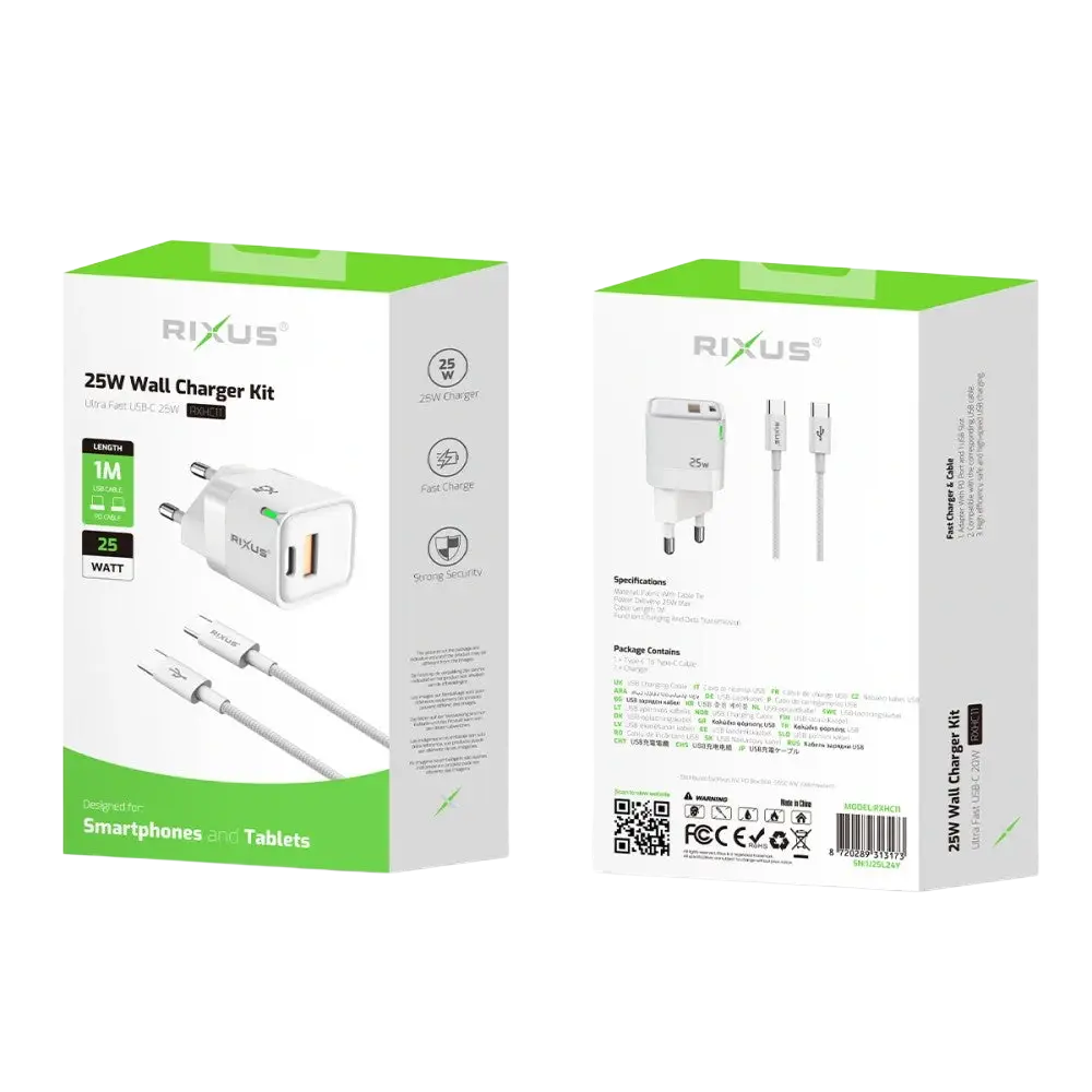 Rixus RXHC11 25W Wall Charger Kit met USB-C naar Kabel – Wit - Oplader