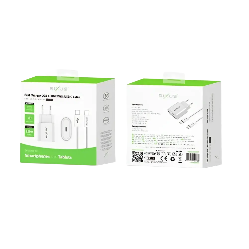 Rixus RXHC30C Fast Charger met USB-C naar Kabel 1.8m – 30W Wit - Bundel Oplader
