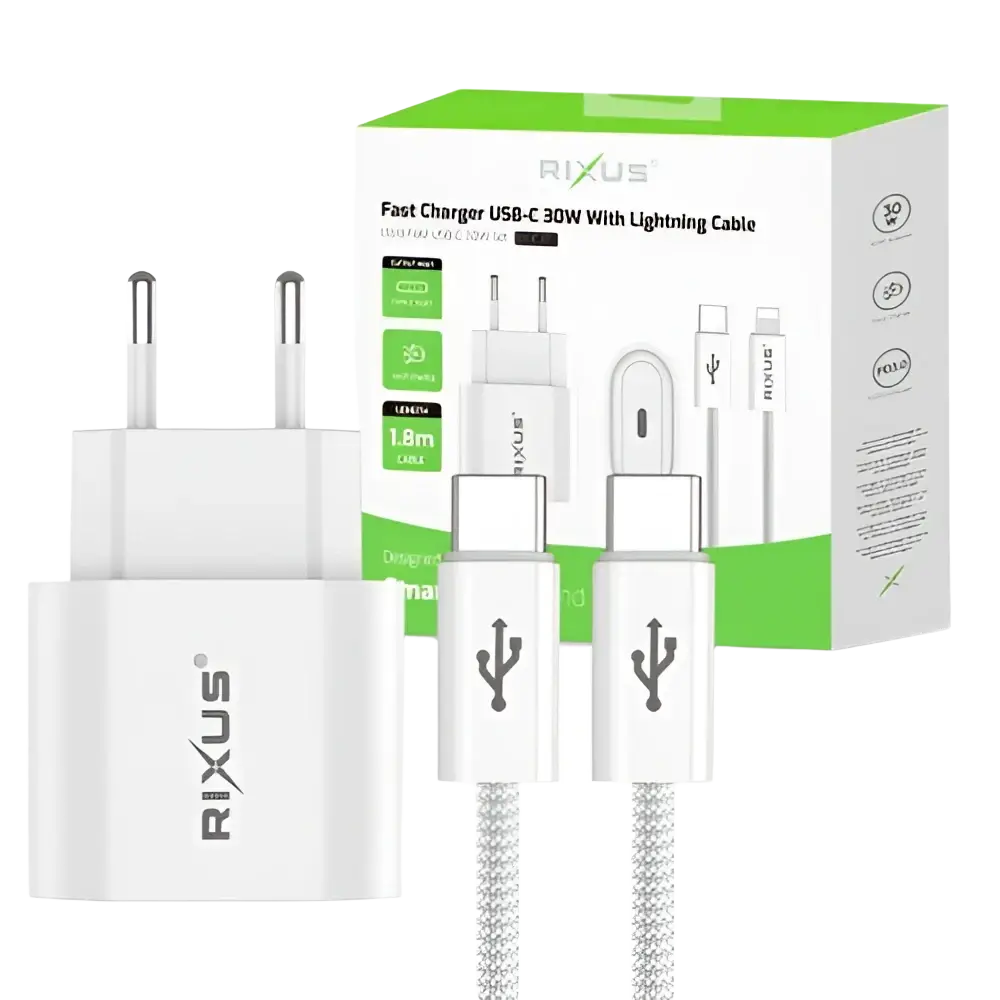 Rixus RXHC30L Fast Charger met USB-C naar Lightning Kabel 1.8m – 30W Wit - Bundel Oplader