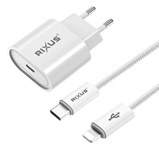 Rixus RXHC30L Fast Charger met USB-C naar Lightning Kabel 1.8m – 30W – Wit