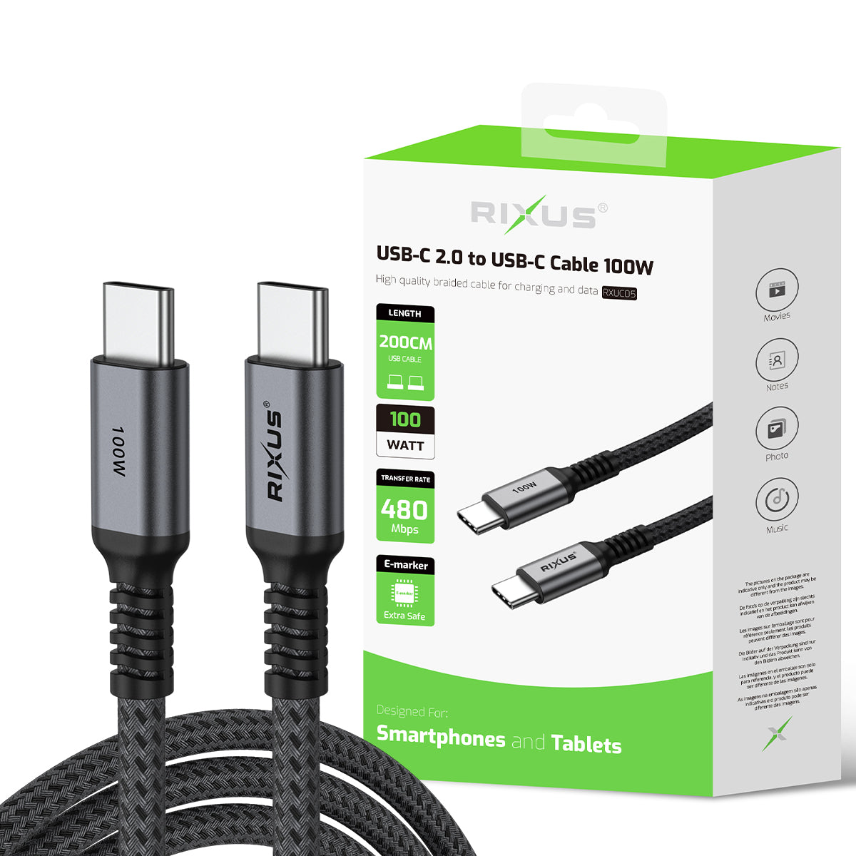 Rixus RXUC05 USB-C 2.0 kabel verpakking voor- en achterzijde