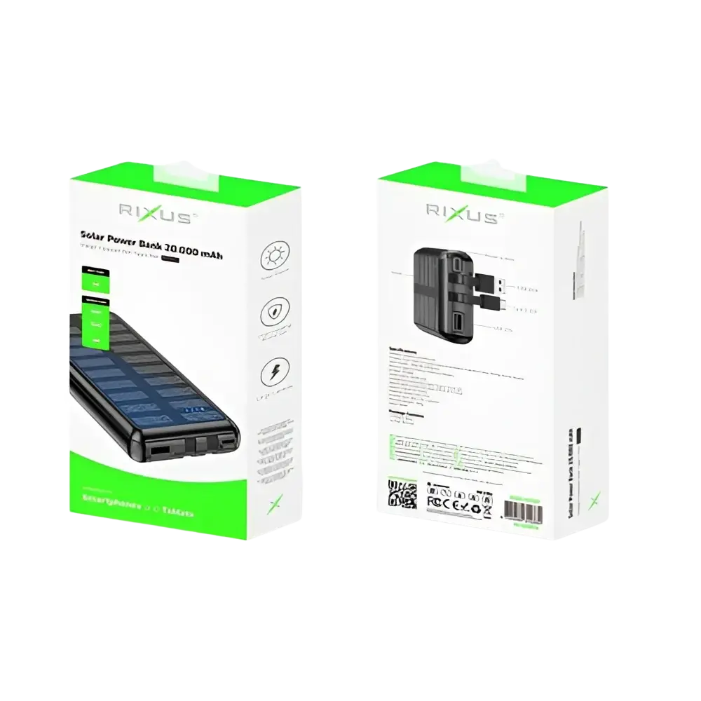 Rixus Solar Powerbank 20.000 mAh met ingebouwde kabels – Zwart RXPB47