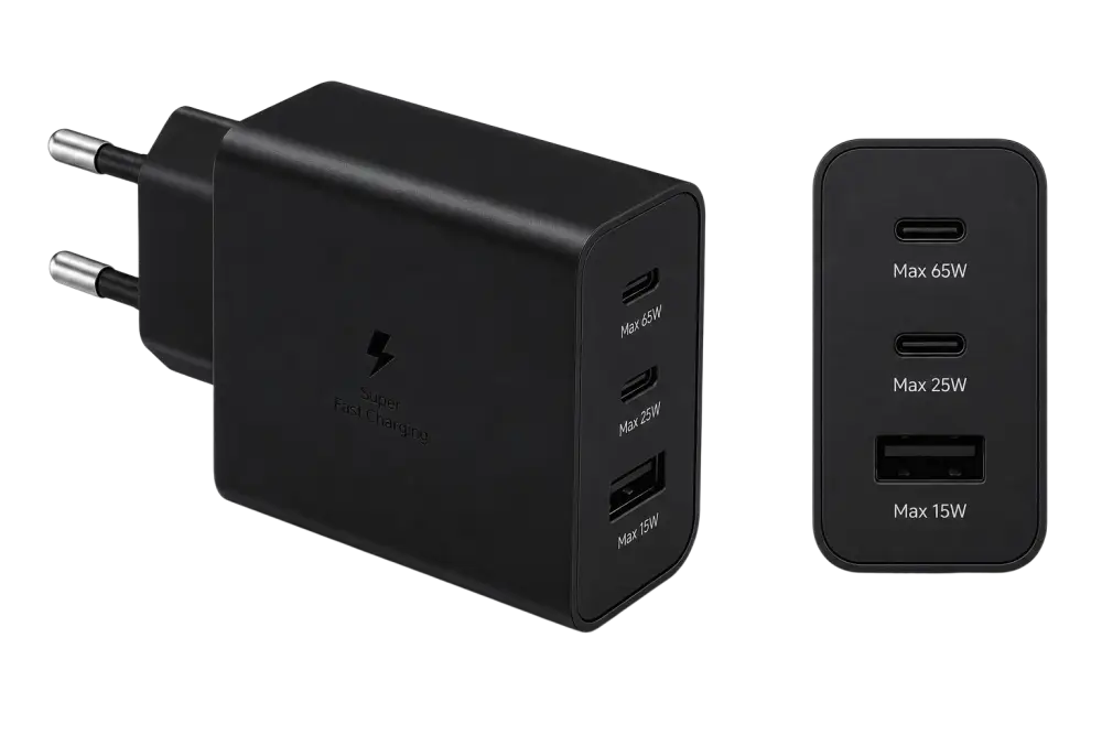 Samsung 65W Power Adapter Trio – 2x USB-C & 1x USB-A Super Fast Charger Zwart (Retail)