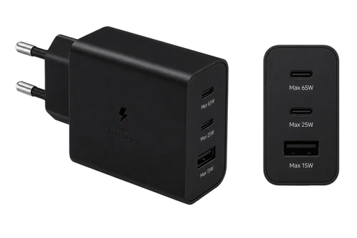 Samsung 65W Power Adapter Trio – 2x USB-C & 1x USB-A Super Fast Charger – Zwart (Retail)
