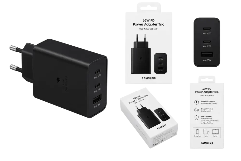 Samsung 65W dual USB-C laadadapter met twee USB-C poorten en één USB-A poort.