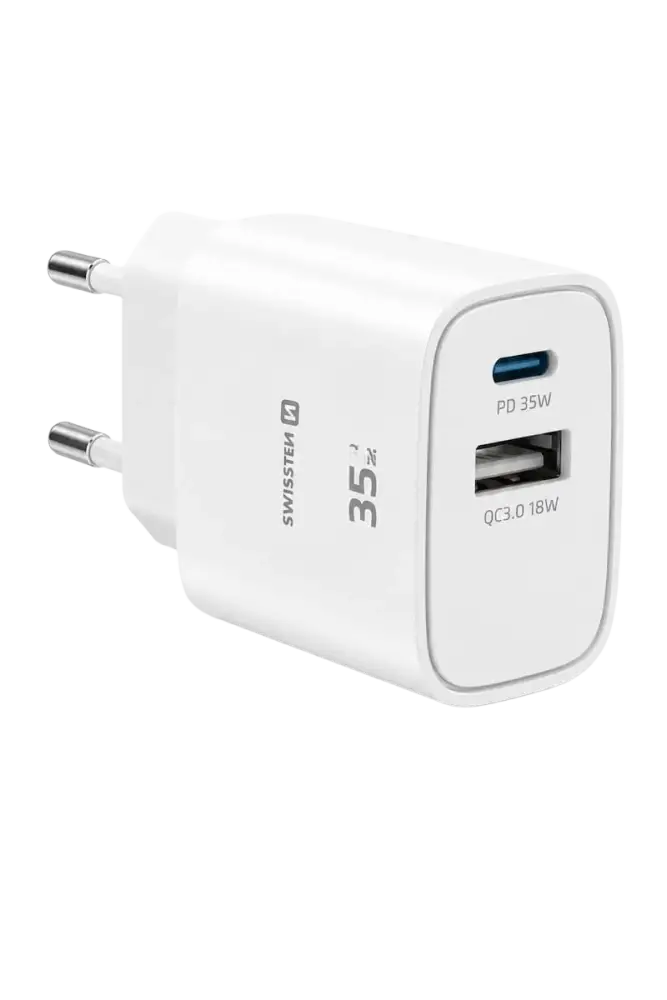 Swissten GaN reisoplader 35W met USB-C en USB-A poorten in wit ontwerp.