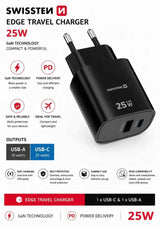 Swissten Edge USB-C en USB-A Oplader – Snelladen in Stijl met 25W GaN Technologie