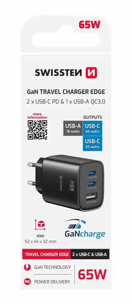 Swissten Edge USB-C Reisadapter - Krachtige 65W GaN Snellader voor Thuis en Onderweg