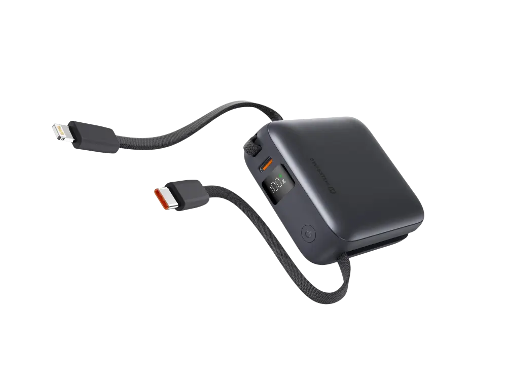 Swissten Powerbank 10.000 mAh – Ingebouwde USB-C & Lightning kabel Zilver