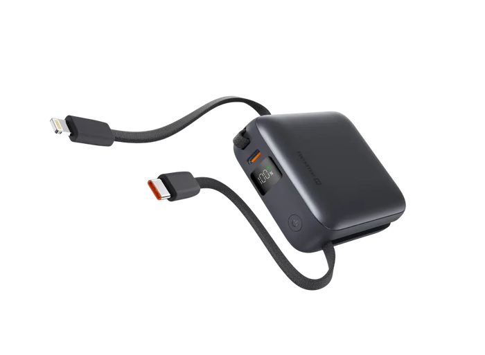 Swissten Powerbank 10.000 mAh – Ingebouwde USB-C & Lightning kabel – Zilver