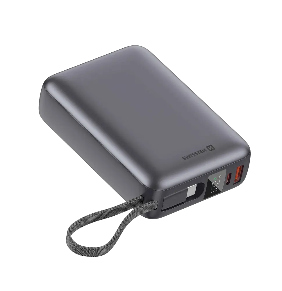 Swissten Powerbank 20.000 mAh – 45W Ingebouwde USB-C kabel Zilver