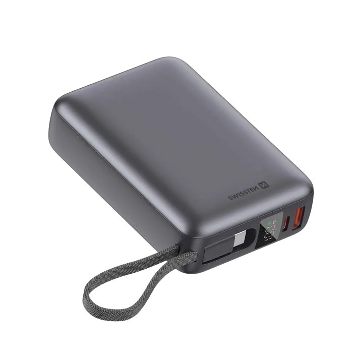 Swissten Powerbank 20.000 mAh – 45W – Ingebouwde USB-C kabel – Zilver