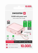 Swissten Space Powerbank Roze - Stijlvolle 10.000 mAh met Ingebouwde USB-C & Lightning Kabels