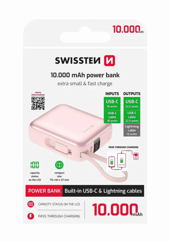 Roze powerbank 10000 mAh USB-C Lightning verpakt met extra informatie op de verpakking.