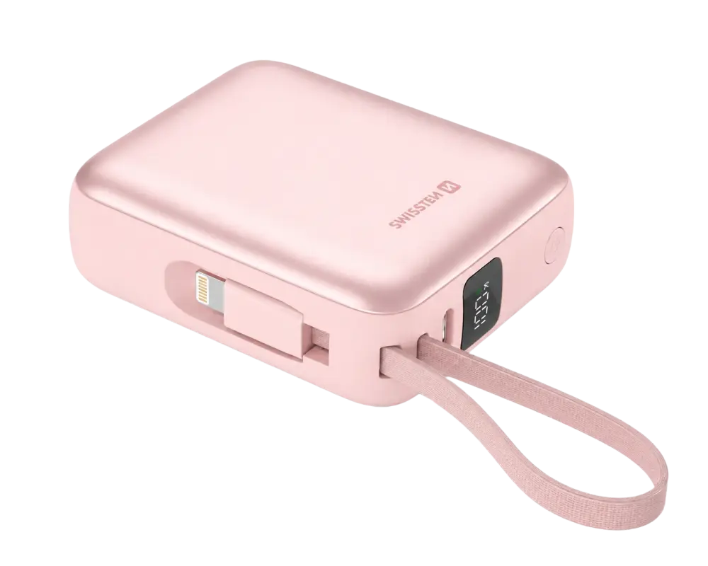 Swissten Space Powerbank Roze - Stijlvolle 10.000 mAh met Ingebouwde USB-C & Lightning Kabels
