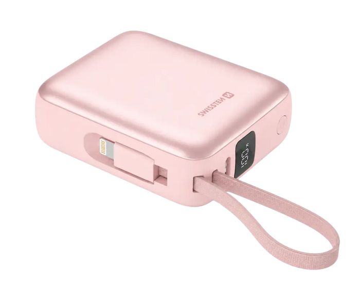 Swissten Space Powerbank Roze - Stijlvolle 10.000 mAh met Ingebouwde USB-C & Lightning Kabels