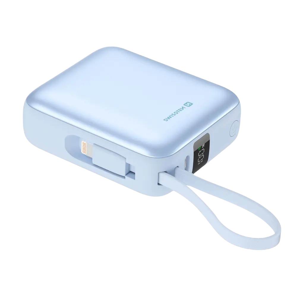 roze powerbank 10000 mAh USB-C Lightning in een lichtblauwe kleur met een oplader