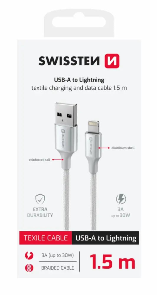 Swissten Textile II Lightning Kabel – 1,5 Meter Wit