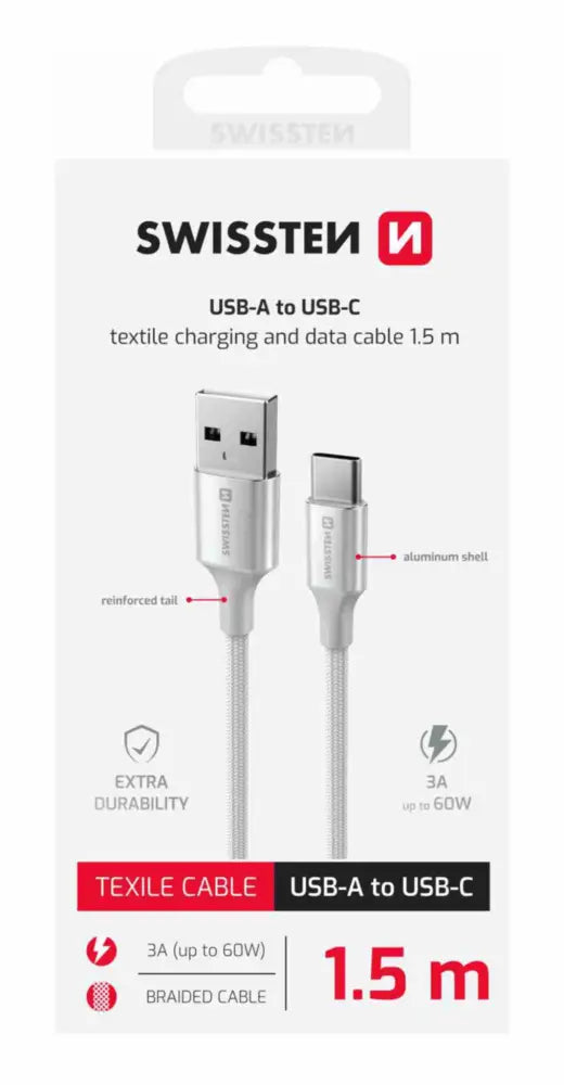 Swissten USB-A naar USB-C Kabel - 1,5 Meter - Wit voor Eenvoudig Opladen