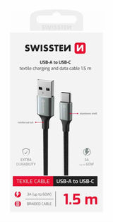 Swissten USB-A naar USB-C Kabel - 1,5 Meter - Zwart voor Eenvoudige Oplading