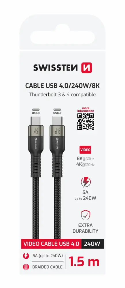 Swissten USB-C 4.0 Kabel (240W) – Krachtige Oplader en Gegevensoverdracht