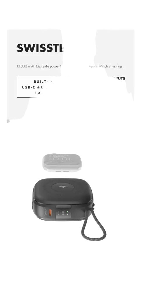 Swissten VoltBox MagGo magnetische powerbank 10000 mAh met ingebouwde oplaadkabels in zwart.