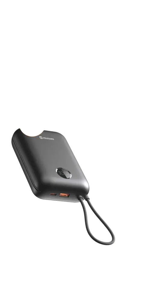 Swissten VoltBox powerbank 30.000 mAh met ingebouwde kabels, zwart, 35W laadvermogen, compact ontwerp.