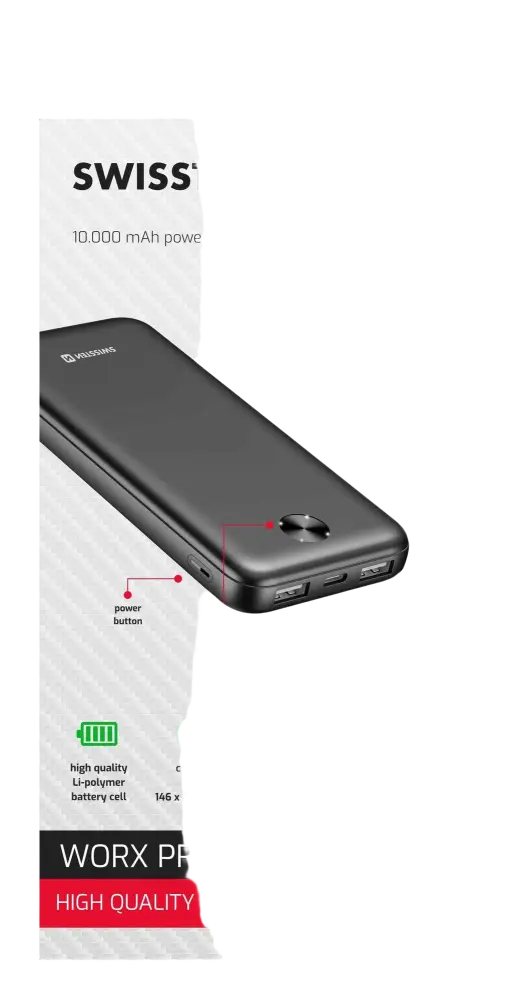 Swissten Worx Pro 10000 mAh powerbank zwart met dual USB-poorten en lichtgewicht ontwerp.
