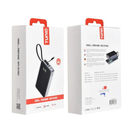 TUNIQ Powerbank - Powerbank 20000mAH With Built In Cable - Zwart