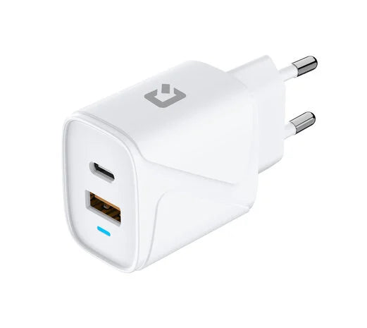 TUNIQ 20W Power Delivery snellader in wit met USB-C en USB-A aansluitingen.