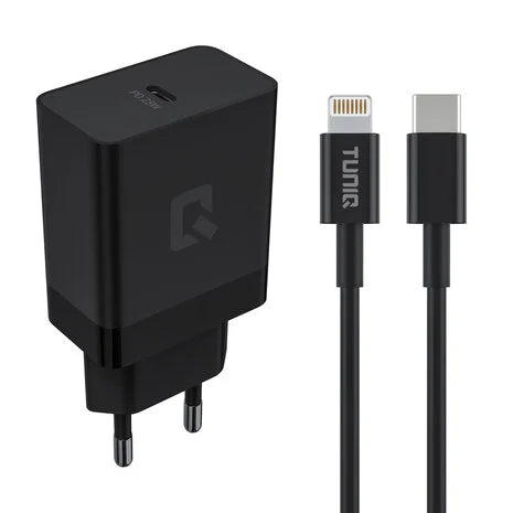 TUNIQ Snellader PD 25W Adapter - met Lightning naar Type-C Kabel - Zwart