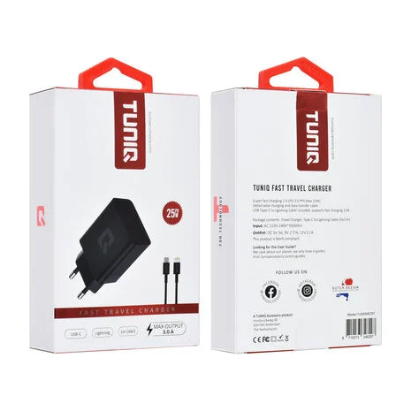 TUNIQ Snellader PD 25W Adapter - met Lightning naar Type-C Kabel - Zwart