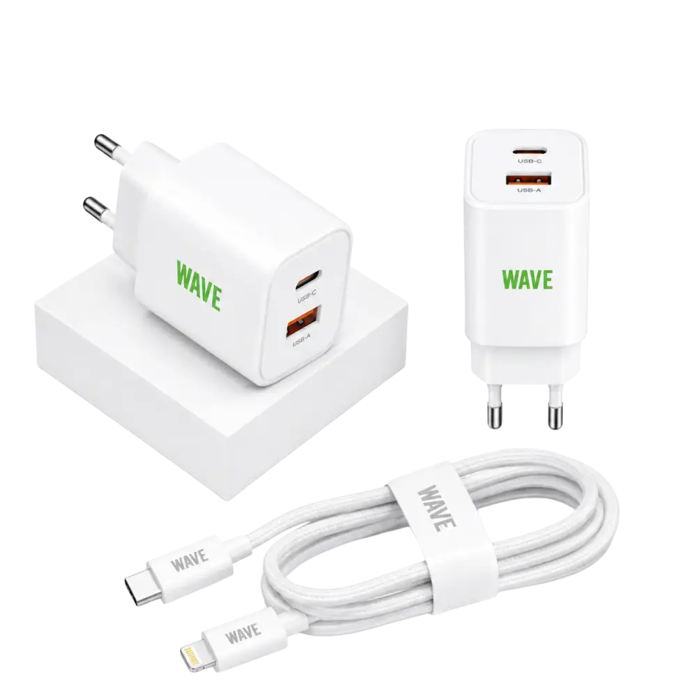 Wave WA-100-10 Travel Charger Dual USB-C 35W + PD Kabel 1M – Wit - Bundel Oplader