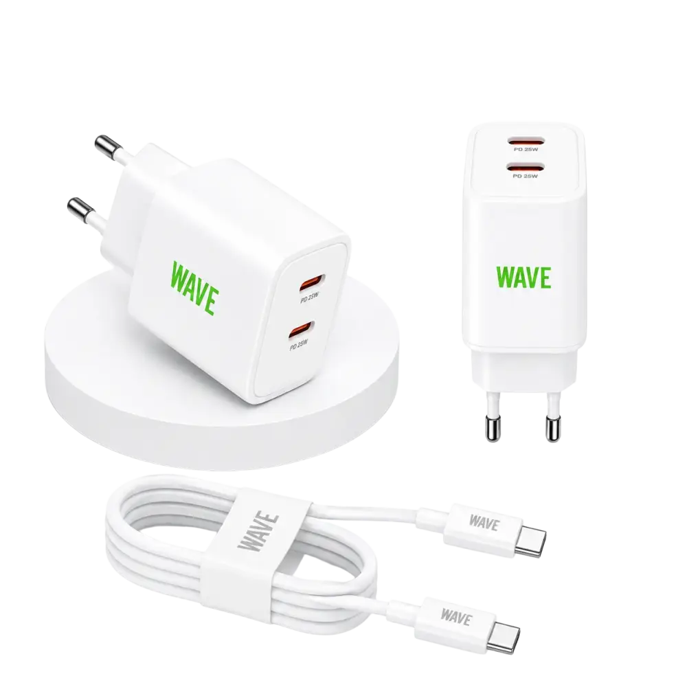 Wave WA-100-20 Travel Charger Dual USB-C 35W + Kabel – Zwart - Bundel Oplader
