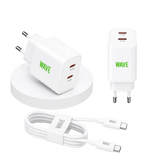 Wave WA-100-20 Travel Charger Dual USB-C 35W + Kabel – Zwart - Bundel Oplader