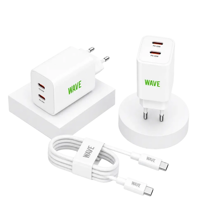 Wave WA-100-20 Travel Charger Dual USB-C 35W + Kabel – Zwart - Bundel Oplader