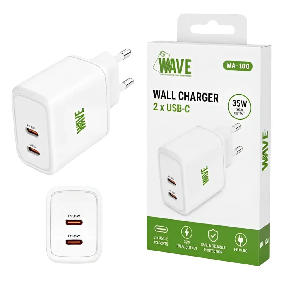 Wave WA-100 Snellader – Snel en Efficiënt Opladen met 35W Dubbele USB-C PD Poorten