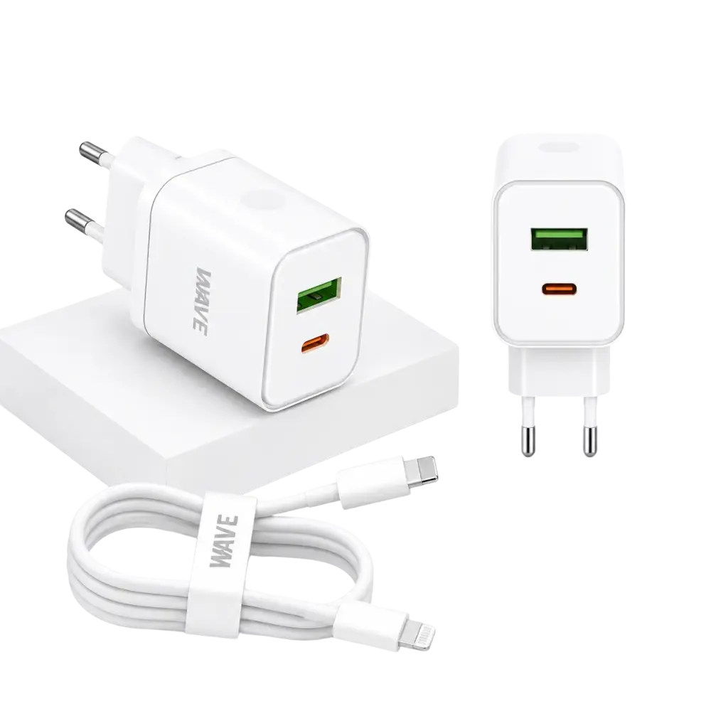 Wave WA-166-10 Travel Fast Charger USB-A & USB-C 20W + naar Lightning Kabel 1M – Wit - Bundel Oplader