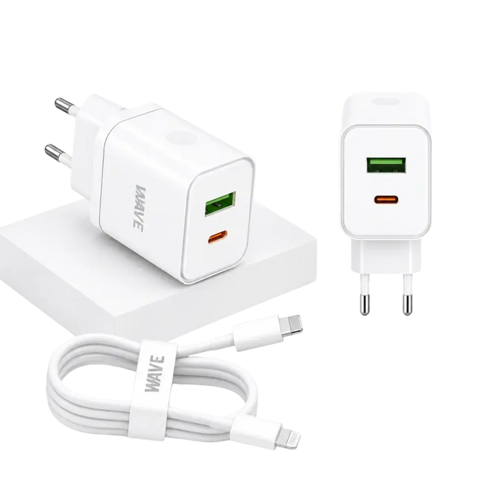 Wave WA-166-10 Travel Fast Charger USB-A & USB-C 20W + naar Lightning Kabel 1M – Wit - Bundel Oplader