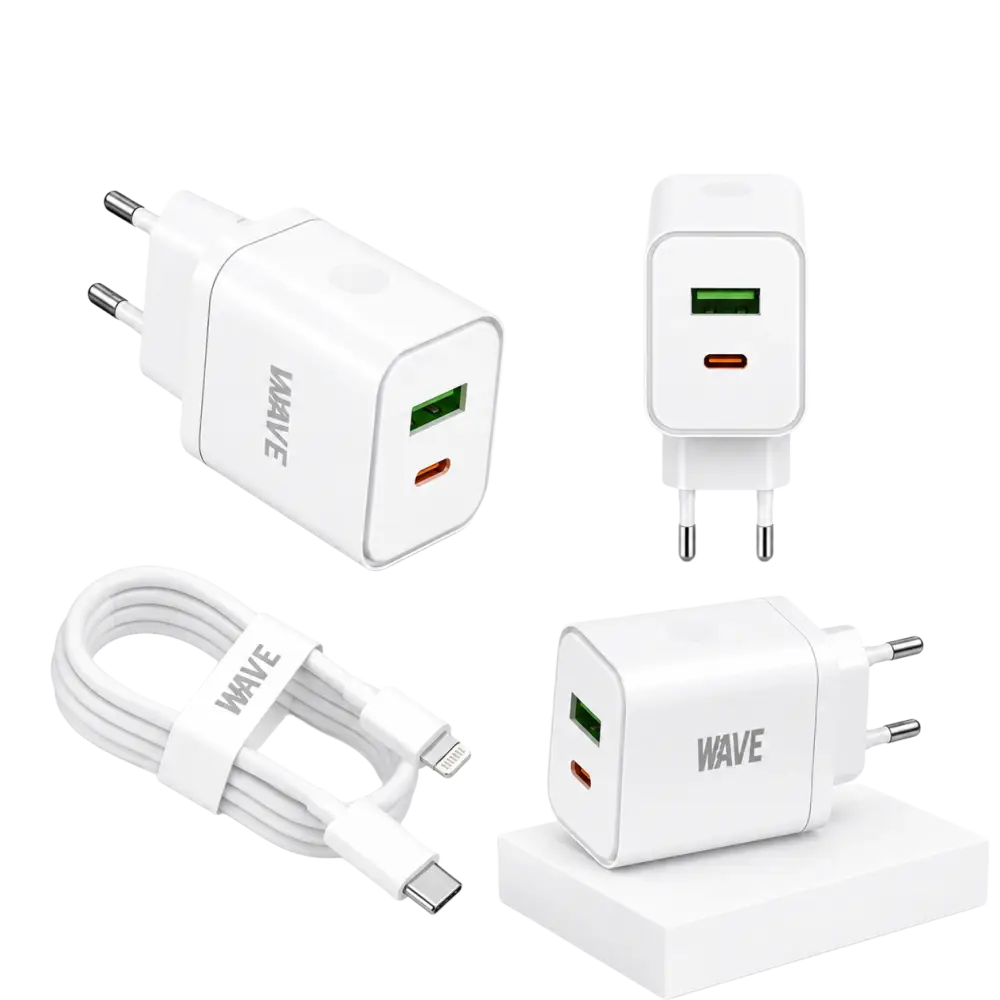 Wave WA-166-10 Travel Fast Charger USB-A & USB-C 20W + naar Lightning Kabel 1M – Wit - Bundel Oplader