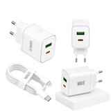 Wave WA-166-10 Travel Fast Charger USB-A & USB-C 20W + naar Lightning Kabel 1M – Wit - Bundel Oplader