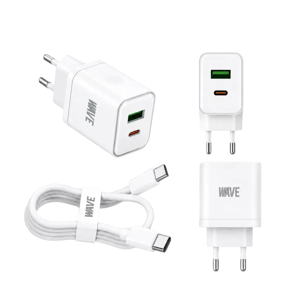 Wave WA-166-20 Travel Fast Charger USB-A & USB-C 20W + naar Kabel 1M – Wit - Bundel Oplader